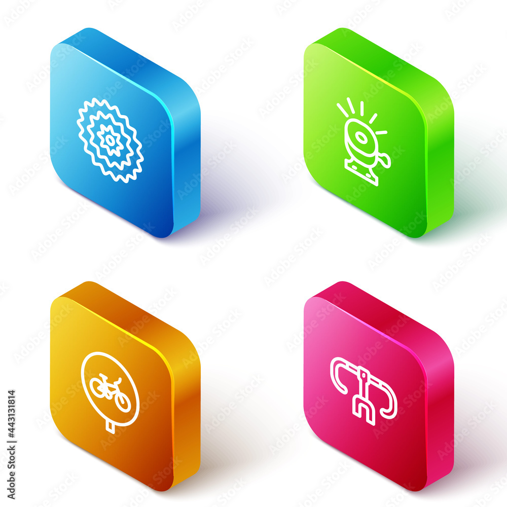 Set Isometric line Bicycle cassette, bell, and handlebar icon. Vector Set Isometric line Bicycle cassette, bell, and handlebar icon. Vector