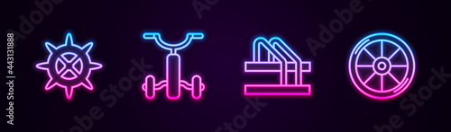 Set line Bicycle sprocket crank, for kids, parking and wheel. Glowing neon icon. Vector