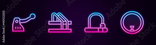 Set line Bicycle brake, parking, lock and wheel. Glowing neon icon. Vector