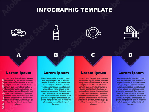 Set line Bicycle shoes, Sport bottle with water, bell and parking. Business infographic template. Vector