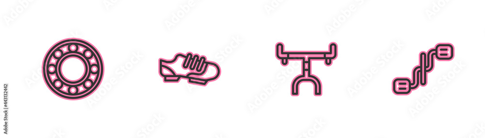 Set line Bicycle ball bearing, handlebar, shoes and pedals icon. Vector Set line Bicycle ball bearing, handlebar, shoes and pedals icon. Vector