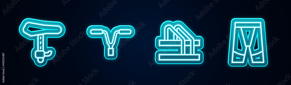 Set line Bicycle seat, handlebar, parking and Cycling shorts. Glowing neon icon. Vector Set line Bicycle seat, handlebar, parking and Cycling shorts. Glowing neon icon. Vector