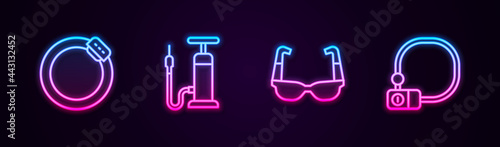 Set line Bicycle brake disc, air pump, Sport cycling sunglasses and lock. Glowing neon icon. Vector