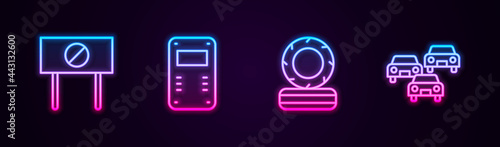 Set line Protest, Police assault shield, Lying burning tires and Traffic jam. Glowing neon icon. Vector