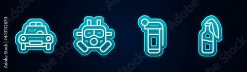 Set line Police car and flasher, Gas mask, Hand grenade and Cocktail molotov. Glowing neon icon. Vector