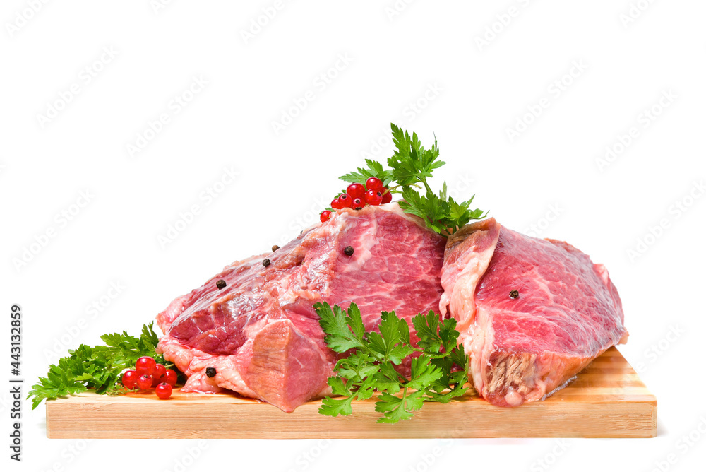 Pieces of meat with different spices - greens, dill, peppers and currants. Pieces of meat with different spices - greens, dill, peppers and currants.