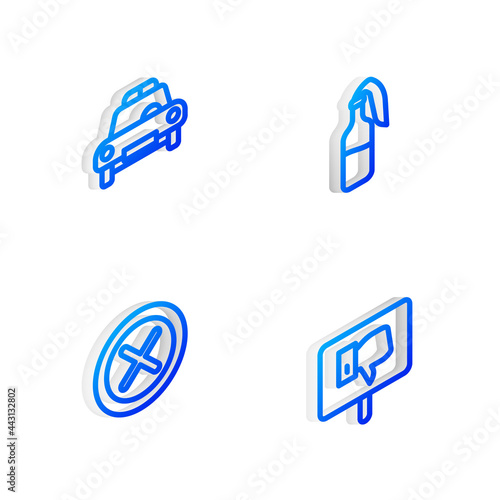 Set Isometric line Cocktail molotov, Police car and flasher, X Mark, Cross in circle and Protest icon. Vector