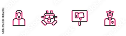 Set line Censor and freedom of speech, Protest, Gas mask and Police officer icon. Vector