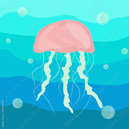 Pink jellyfish underwater on a blue background with bulbs