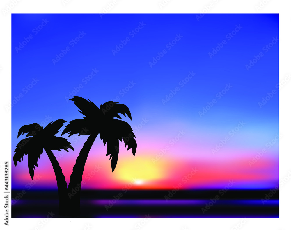 Sunrise. Tropical abstract landscape, silhouettes of palm trees.  Vector illustration.