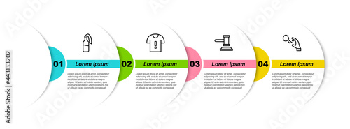 Set line Cocktail molotov, T-shirt protest, Judge gavel and Hooligan shooting stones. Business infographic template. Vector