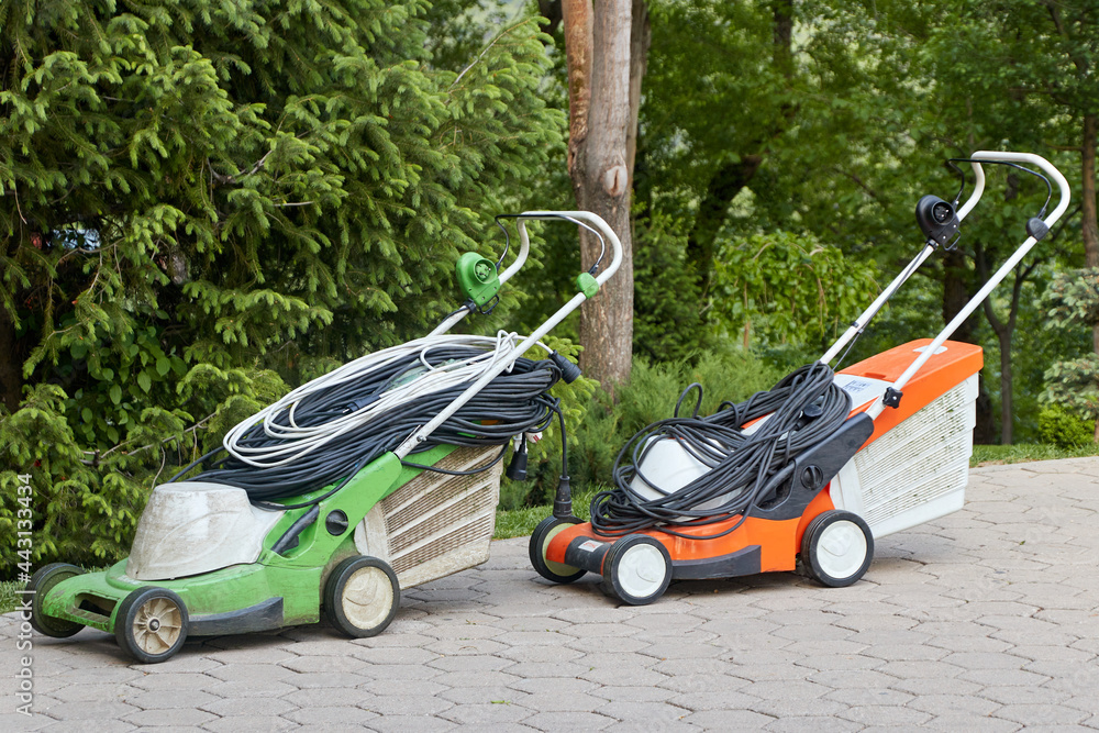 Fototapeta premium lawn mowers on the sidewalk made of paving stones