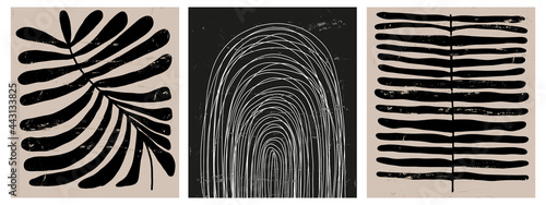 Modern Hand Drawn Floral Vector Illustration. Black Twigs and White Arcs Isolated on a Brown and Black Background. Simple Infantile Style Abstract Tropical Garden and Geometric Prints.