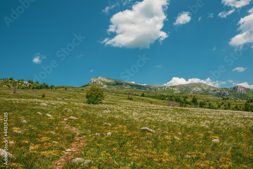 Landscape view of mountain, green grass meadow, hiking path and Postak peek. Lika,Croatia.