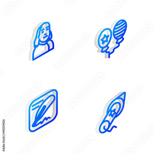 Set Isometric line Balloons, Benjamin Franklin, Declaration of independence and Firework icon. Vector