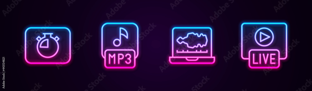 Set line Stopwatch, MP3 file, Sound or audio recorder and Live stream. Glowing neon icon. Vector
