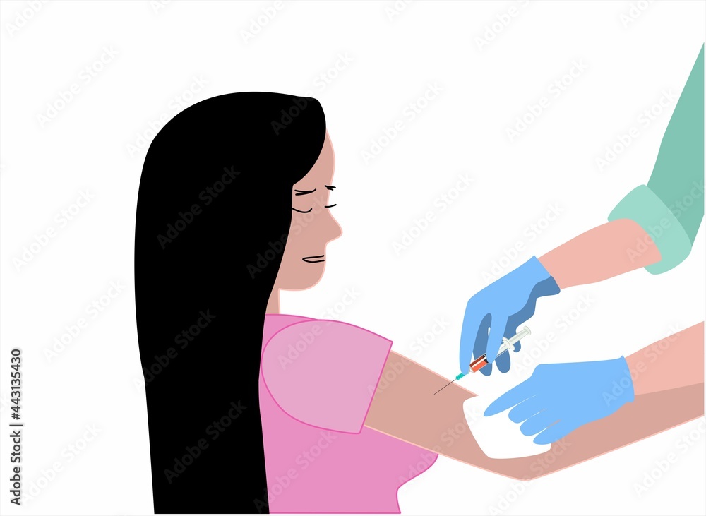 Beautiful girl being vaccinated, vector illustration. The doctor holds a syringe in his hands. A nurse injects a woman. The theme of health and medicine during a pandemic. Beautiful girl being vaccinated, vector illustration. The doctor holds a syringe in his hands. A nurse injects a woman. The theme of health and medicine during a pandemic.