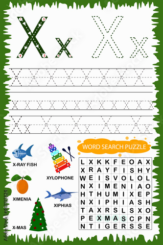 educational worksheet for children learning the English alphabet. Handwriting and crossword puzzle game for memorizing words. Letter X
