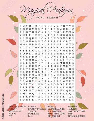 Magical autumn word search puzzle. Fall season crossword  puzzle for children or adults. Printable worksheet for learning English. Educational keyword activity. Party card. 