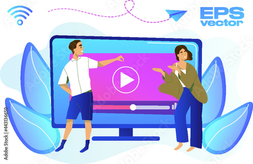 Tiny people watch video with remote control and television multimedia box. Smart TV box, smart tv console, make your TV smart concept. Bright vibrant violet vector isolated illustration
