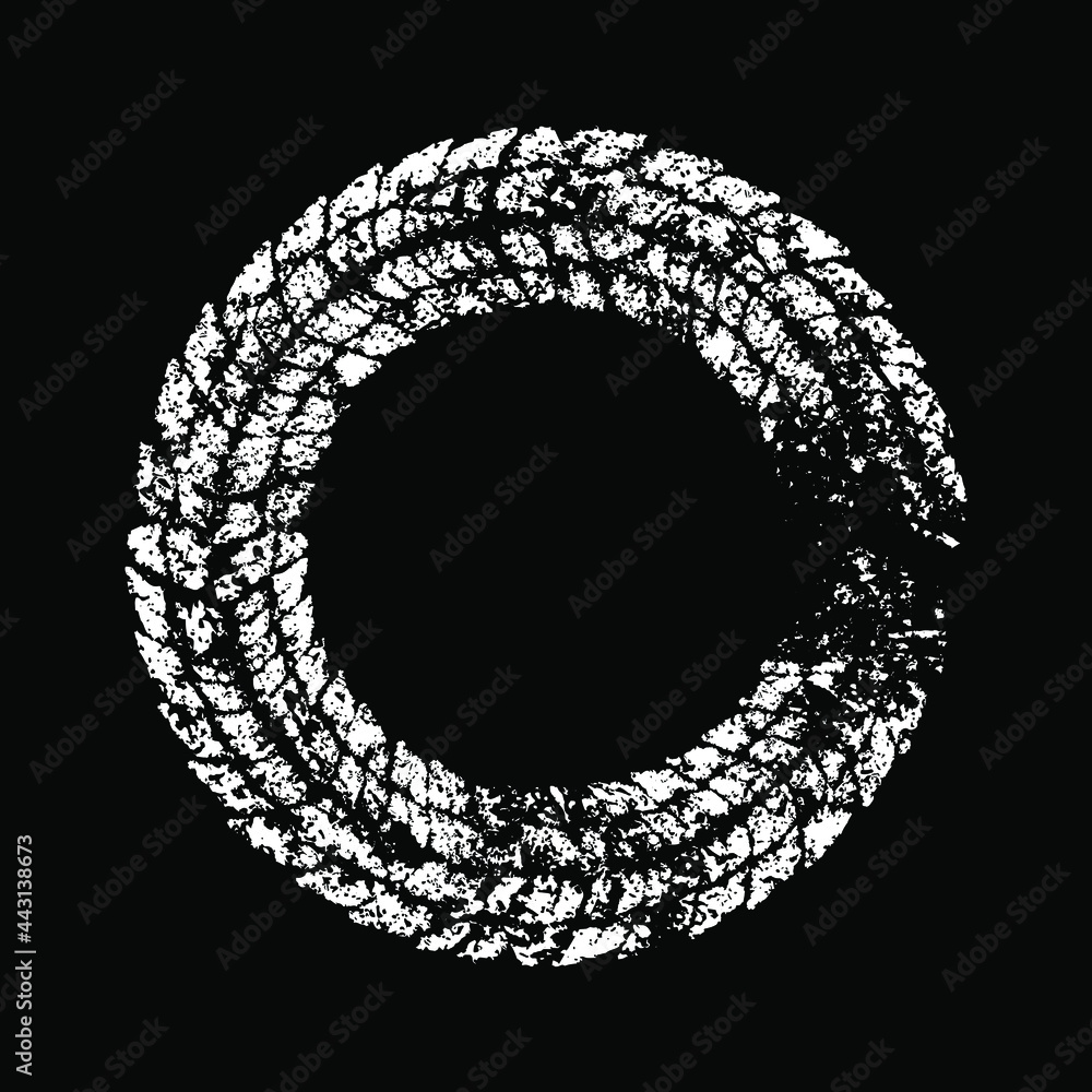 White vector tire track rounded frame. Texture of spots, stains, ink, dots, scratches. Isolated. Grungy design element for frames, badges, labels and emblems. Round brush strokes. Ink blots White vector tire track rounded frame. Texture of spots, stains, ink, dots, scratches. Isolated. Grungy design element for frames, badges, labels and emblems. Round brush strokes. Ink blots