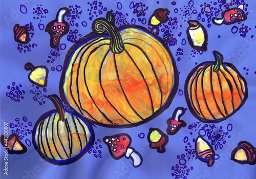 Pumpkins  flies and acorns on a purple background. Children s drawing  mixed technique