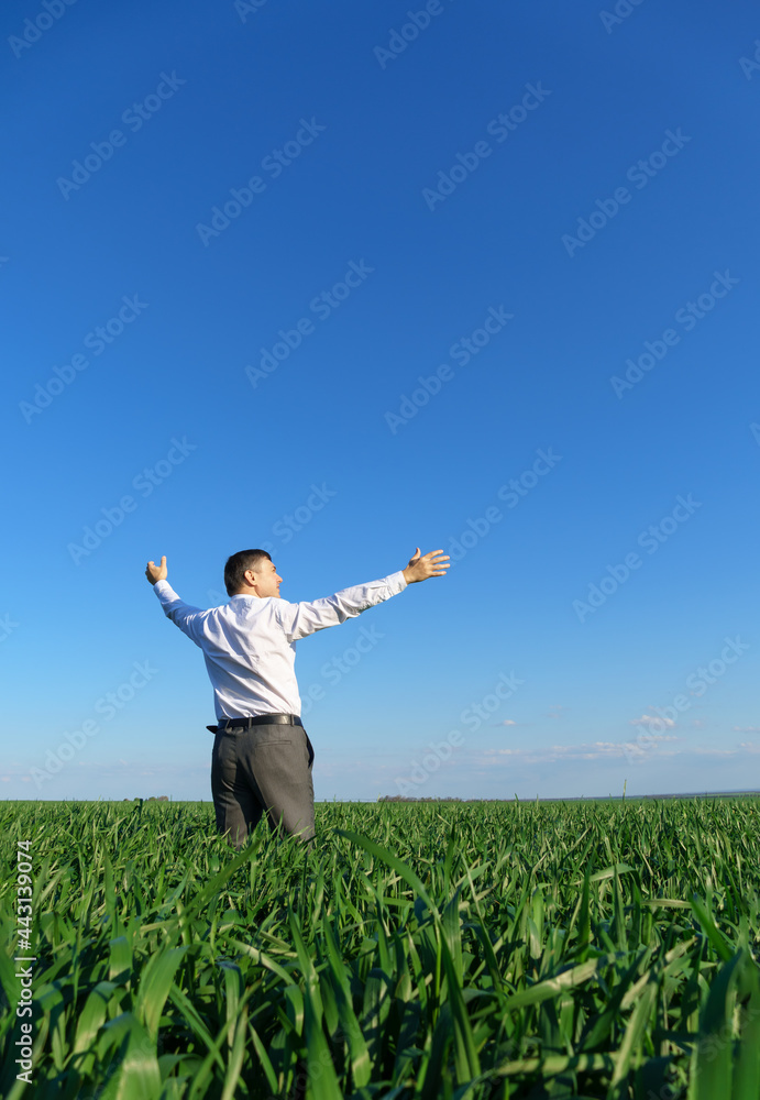 businessman poses in a field, he looks into the distance and rests, green grass and blue sky as background businessman poses in a field, he looks into the distance and rests, green grass and blue sky as background