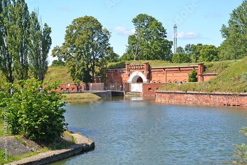 A view of the Pillau citadel fortress and a moat with water. Baltiysk, Kaliningrad region