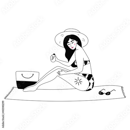 Woman using sun protection cream. Summer beach skin care. Line art. Female character in swimsuit and sun hat. Black and white outline vector illustration.