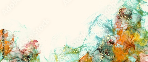 abstract colourful alcohol ink background, creative hand drawn art, fluid texture with gold design elements © phillipes