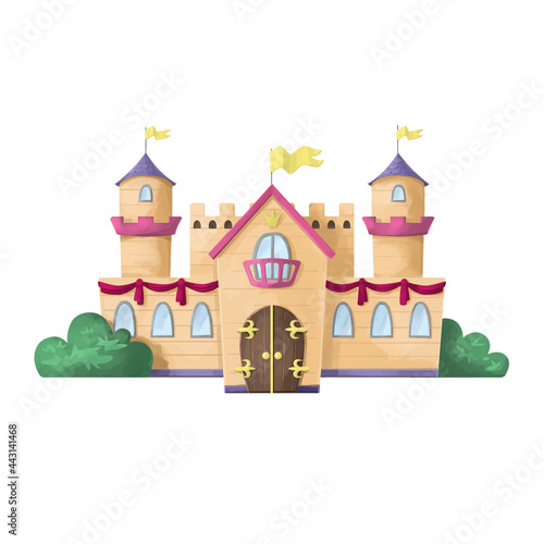 Illustrated castle in pink and lilac colors. Castle for the princess.