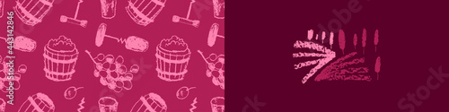 Banner homemade wine. Vector symbol classic winemaking. House wine label, template badge. Wine tasting poster. Drawings of wood barrel, bunch grape, corkscrew. Logo winery field. Winery field emblem.