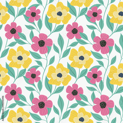 Seamless colorful floral pattern with wild flowers. Simple scandinavian style. Vector illustration