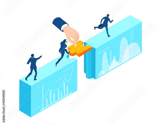 Isometric 3D business environment, working space with business people solving problems. People work with puzzles. Find solution, new idea, support, help and work together as a team.  