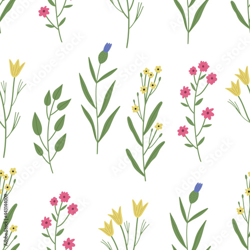 Seamless colorful floral pattern with wild flowers. Simple scandinavian style. Vector illustration