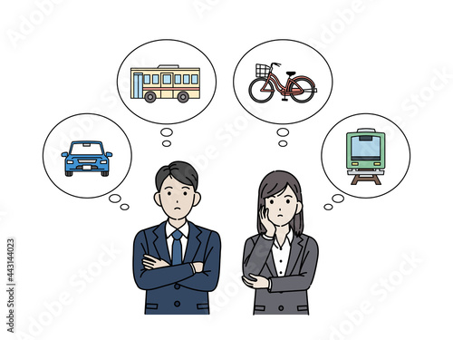 通勤方法を考えるスーツを着た男女　社会人　会社員　交通手段　イラスト素材