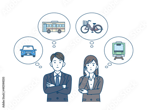 通勤方法を考えるスーツを着た男女　社会人　会社員　移動手段　イラスト素材