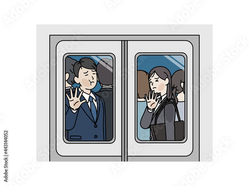 満員電車に乗るスーツを着た男女　乗客　社会人　会社員　通勤ラッシュ　イラスト素材