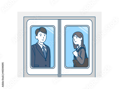 電車に乗るスーツ姿の男女　乗客　社会人　会社員　通勤　移動　帰宅　イラスト素材