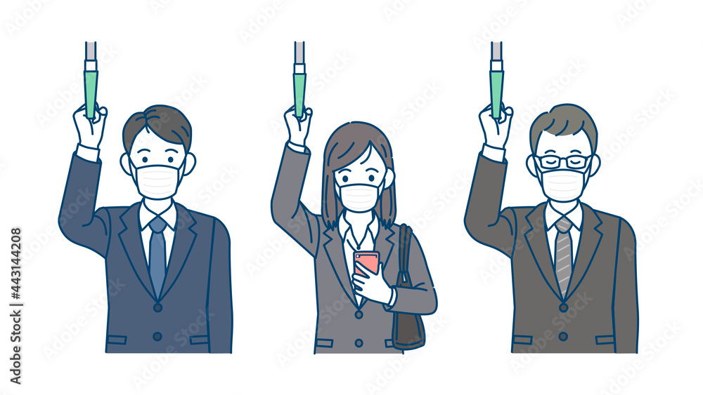 吊革につかまるスーツ姿の男女 乗客 マスク着用 車内 社会人 会社員 電車やバス 通勤 移動 帰宅 イラスト素材 Stock Vector Adobe Stock