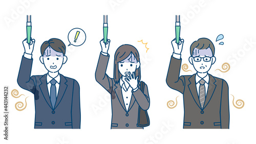 体臭が気になるスーツ姿の男女　車内　乗客　腋汗　加齢臭　臭い　困る　通勤中　イラスト素材