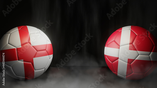 Two soccer balls in flags colors on a black abstract background. England and Denmark. Semifinal.  3d image