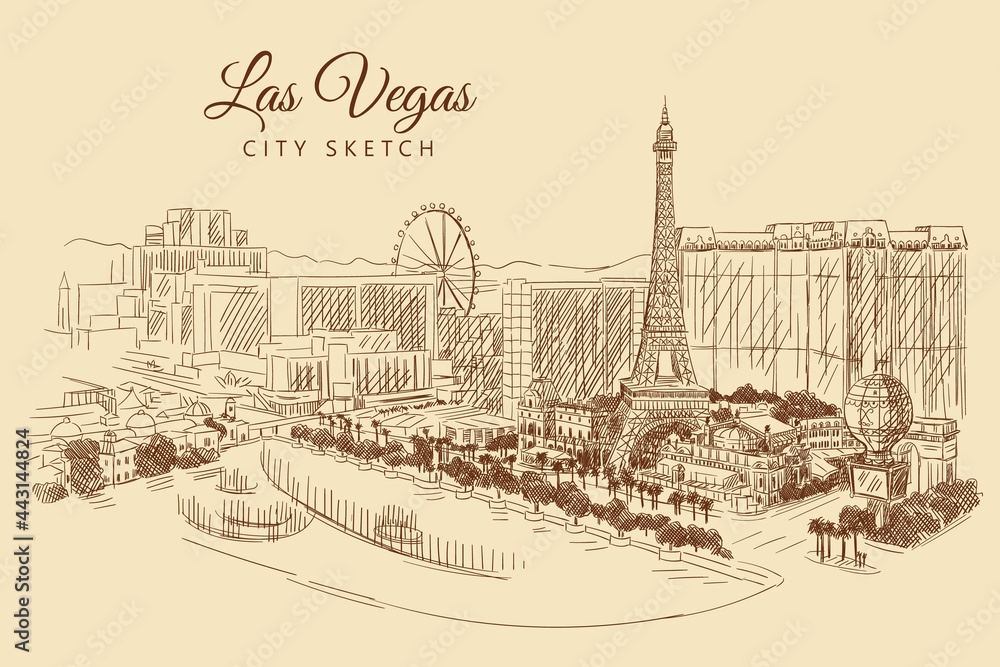 City sketch with skyscrapers and buildings, Las Vegas, USA, hand-drawn.