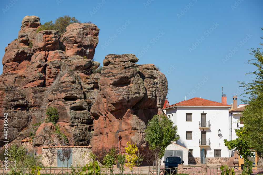 large boulders of red sandstone at Chequilla village, province of Guadalajara, Castile-La Mancha, Spain