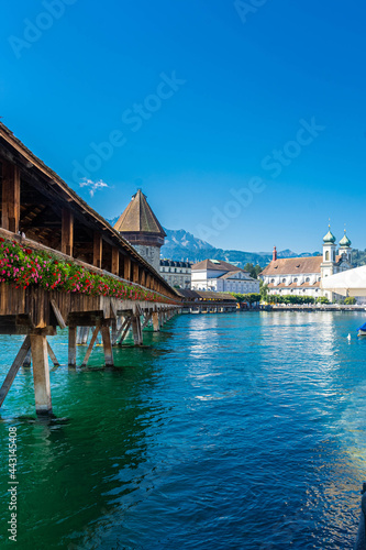 LUCERNE, SWITZERLAND, 8 AUGUST 2020: The beautiful landscape of the Kapellbrücke bridge © Stefano Zaccaria
