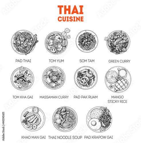 Thai food sketch. Set of thai dishes with pad thai, tom yum, som tam, green curry, sticky rice. Food menu design tempalte. Thai cuisine. Vintage hand drawn sketch vector illustration. Engraved image.