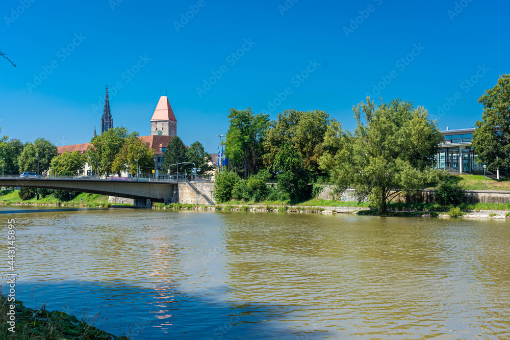 ULM, GERMANY, 7 AUGUST 2020: View of Ulm from the banks of the Danube