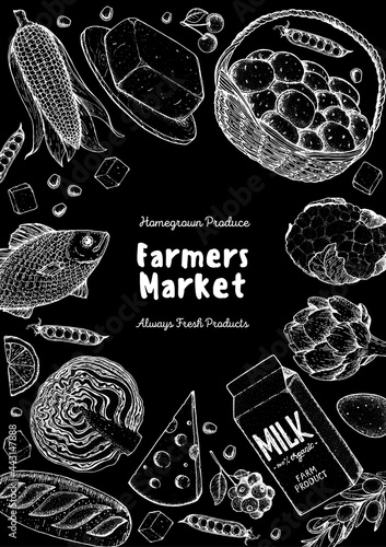 Organic food illustration. Farmers market design elements. Hand drawn sketch. Various food frame. Good food store concept.