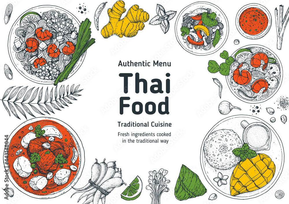 Vettoriale Stock Thai food top view vector illustration. Food menu design  template. Hand drawn sketch. Thai food menu. Vintage style. Pad thai,  massaman curry, mango sticky rice, tom yum top view.