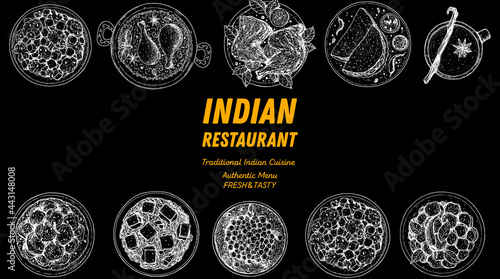 Indian food illustration. Hand drawn sketch. Indian cuisine. Vector illustration. Menu background. Engraved style.